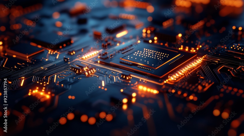 Fototapete detailed close-up of a digital circuit board with illuminated pathways and advanced processing eleme