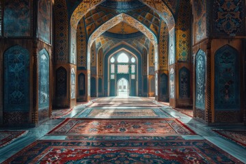 Obraz premium Ornate Interior of a Mosque with Sunlight Streaming Through the Entrance