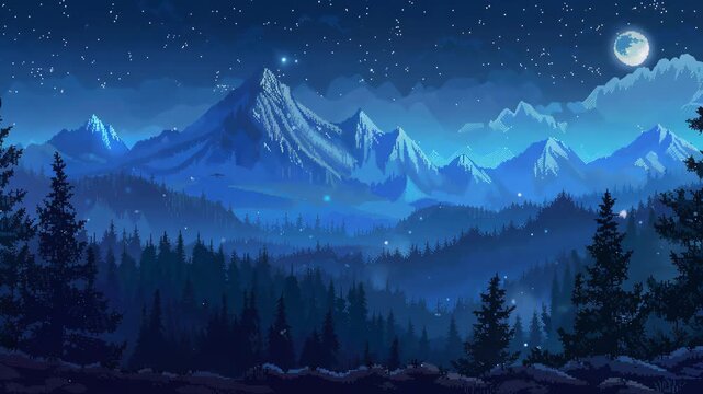 Moonlit mountain landscape under a starry night sky, pixel art animation
