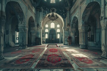 Abandoned Mosque Interior with Sunbeams and Ornate Carpets