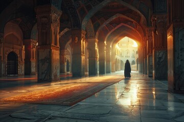 Obraz premium A lone figure walking through an ornate archway of a mosque