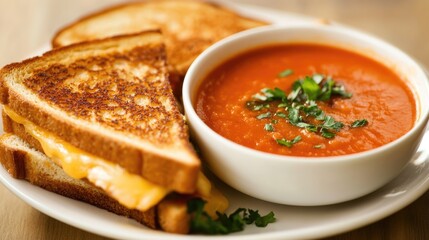 Grilled Cheese Tomato Soup. Delicious Meal of Melted Cheese Sandwich on White Plate