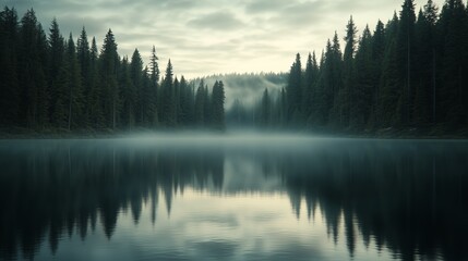 Misty lake surrounded by tall pine trees at dawn in a tranquil forest setting