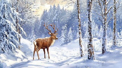 A majestic deer stands gracefully in a serene winter landscape, surrounded by snow-covered trees and a peaceful atmosphere.