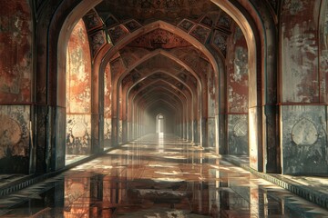 Fototapeta premium A Long, Wet Hallway Lined with Arched Columns