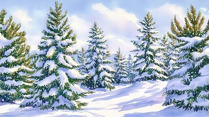 A serene winter landscape featuring snow-covered pine trees under a bright blue sky, perfect for seasonal themes and tranquility.