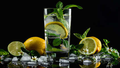 Fototapeta premium Refreshing highball cocktail with lemon, mint, and lime served on a black background