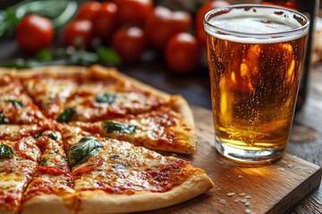 A rustic setup of slices of classic pizza topped with fresh basil, served with a cold glass of beer on a wooden table.