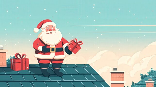 Cheerful Santa Claus stands on a rooftop holding a gift, surrounded by snowflakes and holiday spirit, ready for Christmas.