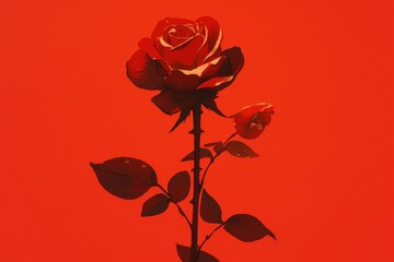 Obraz premium Single Red Rose with Stem and Leaves on a Red Background