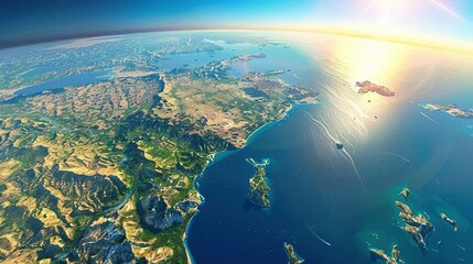 Physical map of Planet Earth, centered on the Mediterranean Sea. Satellite view of Southern Europe and North Africa with the sun shining on the horizon. 3D illustration.