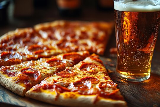 A rustic serving of pepperoni pizza slices paired with a glass of cold beer, presented on a wooden table, creating a cozy dining experience. - Powered by Adobe