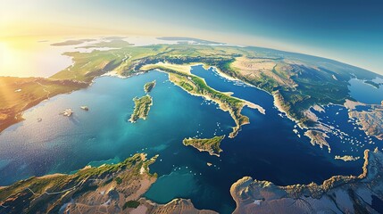Physical map of Planet Earth, centered on the Mediterranean Sea. Satellite view of Southern Europe and North Africa with the sun shining on the horizon. 3D illustration.