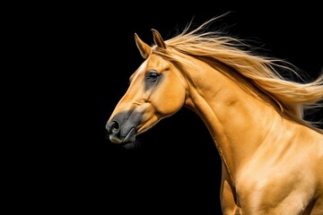 Obraz premium give me 45 key words for Photo of a horse isolated against a black background, emphasising the horse's majestic features. Wildlife and conservation concept, space for copy.
