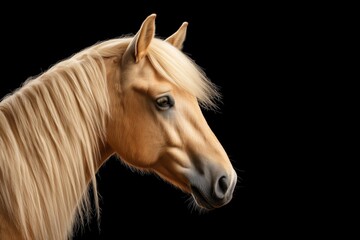 Fototapeta premium give me 45 key words for Photo of a horse isolated against a black background, emphasising the horse's majestic features. Wildlife and conservation concept, space for copy.