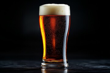 A dark beer in a tall glass with rich amber hues, highlighting the frothy head and effervescent bubbles against a black background.