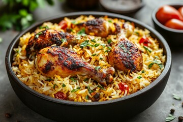 A flavorful chicken biryani served in a traditional bowl, showcasing tender chicken pieces on a bed of spiced rice, garnished with fresh coriander.