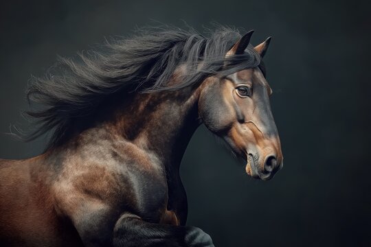 give me 45 key words for Photo of a horse isolated against a black background, emphasising the horse's majestic features. Wildlife and conservation concept, space for copy.