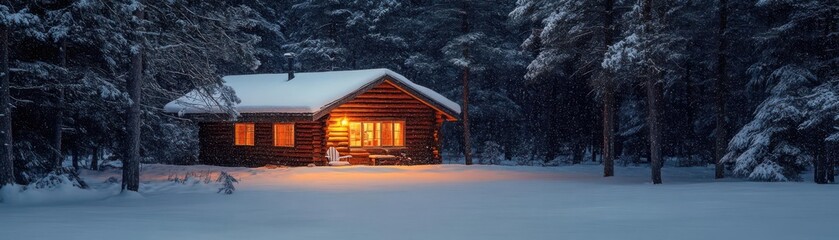 Cozy cabin in the woods with snow-covered trees and warm interior lighting
