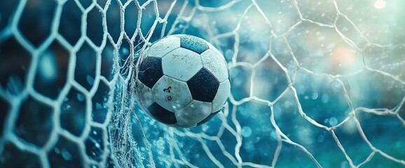 A close-up of a soccer ball in a goal net with a blue and white color scheme.