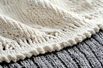 Knit Edge. Handmade White Thread Fabric Knit Fragment with Seam