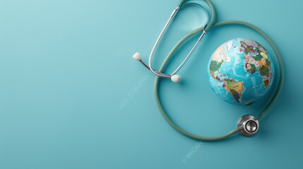 Global Healthcare: Stethoscope and Globe on Blue Background