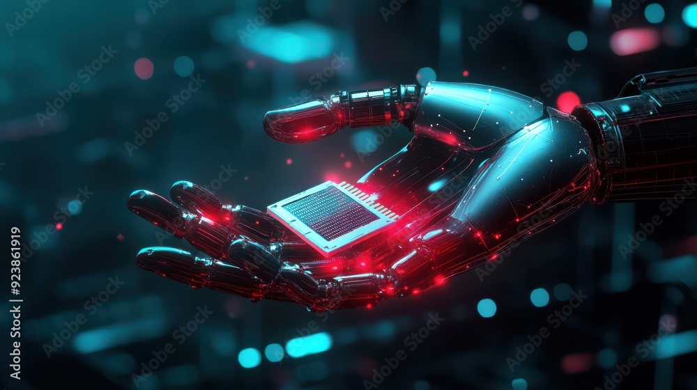 Poster A glowing AI-powered robotic hand holding a microchip, symbolizing the precision and advancement of AI engineering