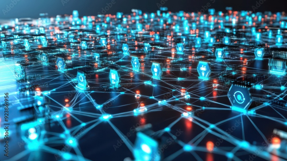 Aufkleber A glowing AI-powered social network with algorithms visualized as interconnected nodes, symbolizing digital connectivity and communication, flat design illustration