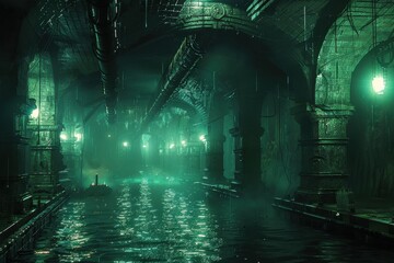 A Glowing Green Waterway Underneath a Foggy City