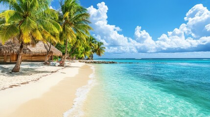 Fototapeta premium Tropical Beach Paradise with Palm Trees White Sand and Turquoise Crystal-Clear Water Under a Sunny Sky