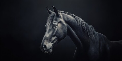give me 45 key words for Photo of a horse isolated against a black background, emphasising the horse's majestic features. Wildlife and conservation concept, space for copy.