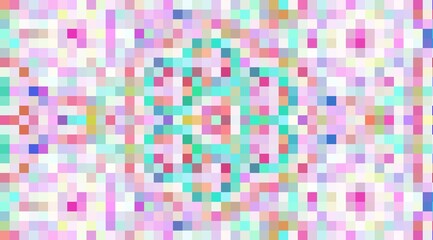 A colorful, pixelated background with a pink and green flower in the center. The flower is surrounded by a blue and pink border. Scene is bright and cheerful