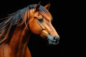 Obraz premium give me 45 key words for Photo of a horse isolated against a black background, emphasising the horse's majestic features. Wildlife and conservation concept, space for copy.