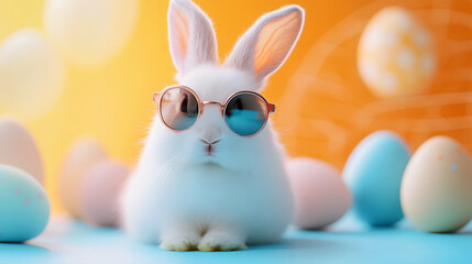  Cute Easter bunny wearing sunglasses and surrounded by colorful eggs on a pastel background,