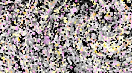 A black and white photo of a patterned background with pink and yellow dots. The photo has a somewhat abstract feel to it, with the colors and shapes creating a sense of movement and energy