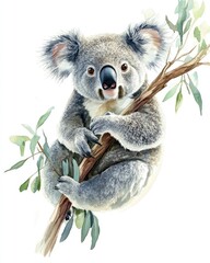 Obraz premium Watercolor Koala. Australian Koala Bear on Eucalyptus Branch in Aquarelle Art