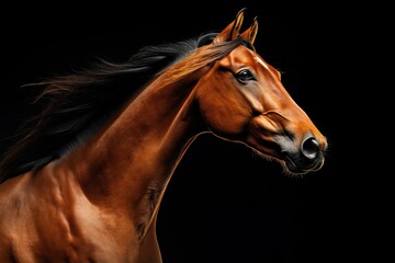 Obraz premium give me 45 key words for Photo of a horse isolated against a black background, emphasising the horse's majestic features. Wildlife and conservation concept, space for copy.