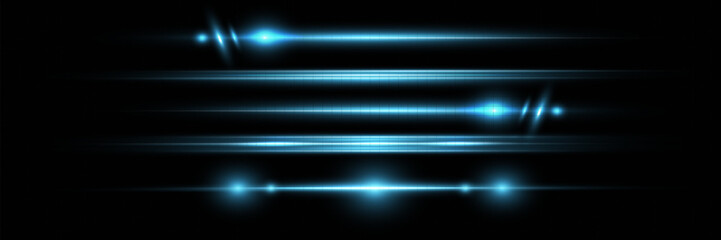 Blue horizontal lens flares pack. Laser beams, horizontal light rays. Beautiful light flares. Glowing streaks on dark background. Luminous abstract sparkling lined background