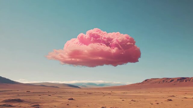 Floating pink cloud over desert landscape under clear blue sky