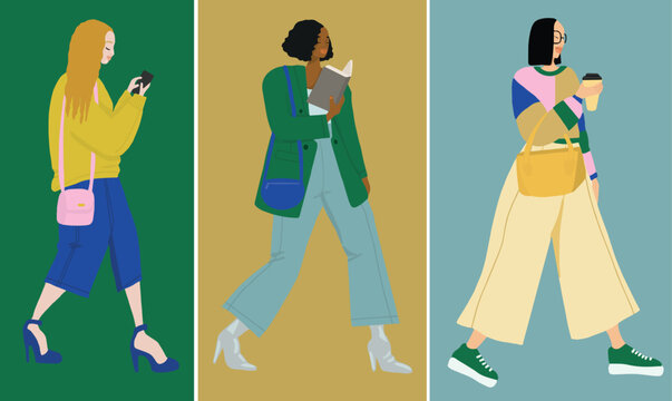 Femmes qui marchent diversit&eacute; ethnique caf&eacute; livre t&eacute;l&eacute;phone noire asiatique blanche vecteur