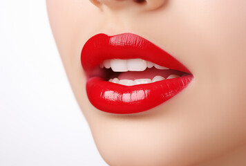 Obraz premium Close-up of a woman's mouth with red lips and tongue sticking out against a white background in a studio setting