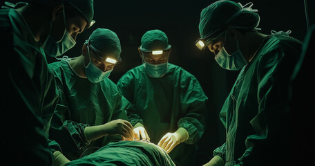 Surgeons performing a nighttime operation on a patient under bright headlamp illumination