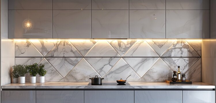 A luxury kitchen with a minimalist design, premium finishes, and a diamond pattern tile backsplash