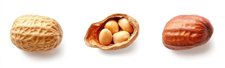 Peanuts, three images of shelled and unshelled nuts isolated on a white background, detailed photos 
