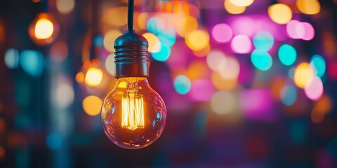 The image features a closeup of an Edison bulb glowing warmly against a colorful bokeh background, creating an enchanting atmosphere ideal for decor, showcasing creativity and artistic expression