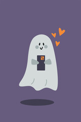 Halloween Stories. Cute Ghost with a Smartphone. Spirit Sending Message. Vector flat Illustration on violet Background.