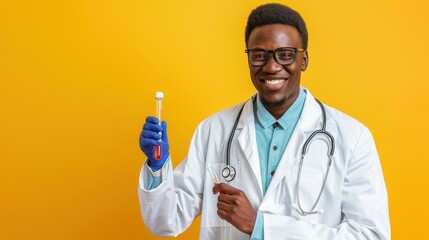 A healthcare worker proudly displays a test tube containing a colorful liquid with a bright yellow background