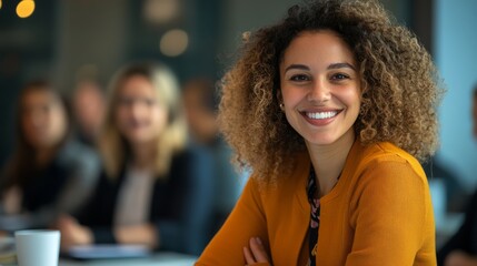 Obraz premium Cheerful businesswoman at a presentation, modern conference room