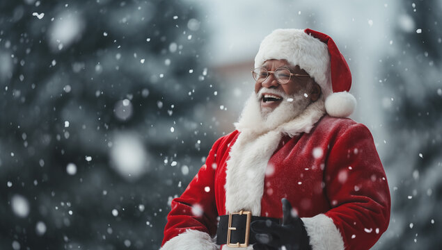 Santa Claus joyfully laughing outdoors in a snowy winter setting during the day - Powered by Adobe