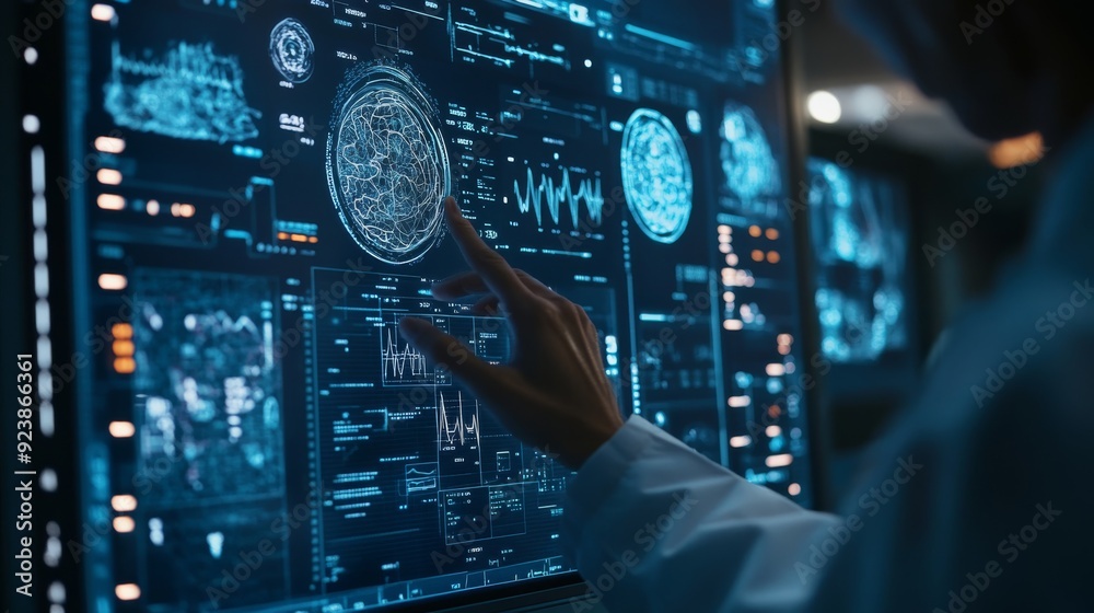 Poster Doctor utilizing an advanced digital medical interface to view and analyze real-time health data and interactive visualizations.